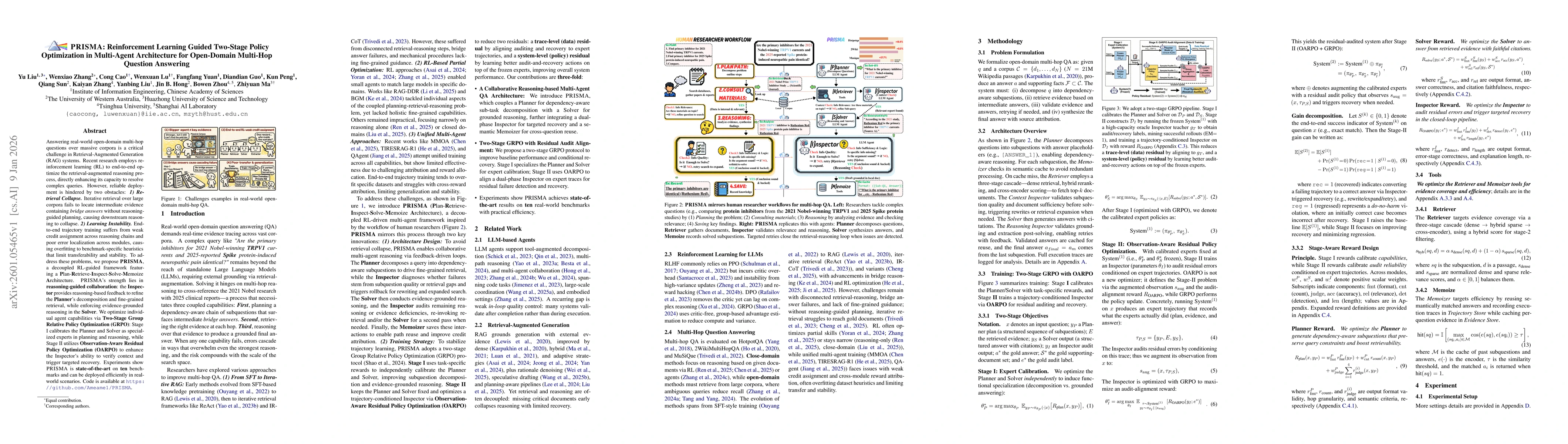 Thumbnail for PRISMA: Reinforcement Learning Guided Two-Stage Policy Optimization in Multi-Agent Architecture for Open-Domain Multi-Hop Question Answering