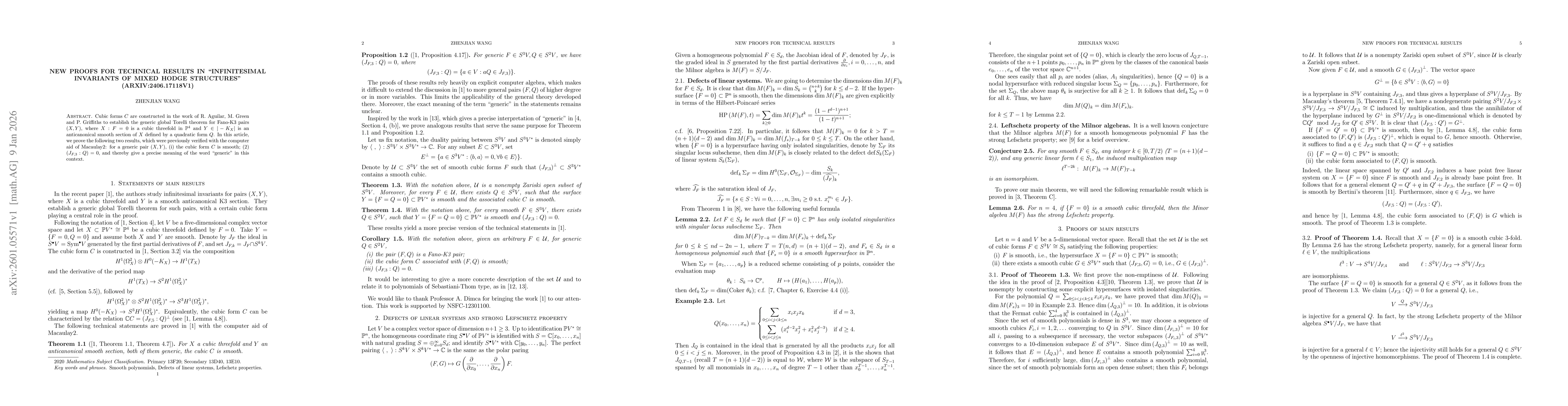 Thumbnail for New proofs for technical results in "Infinitesimal invariants of mixed Hodge structures'' (arXiv:2406.17118v1)