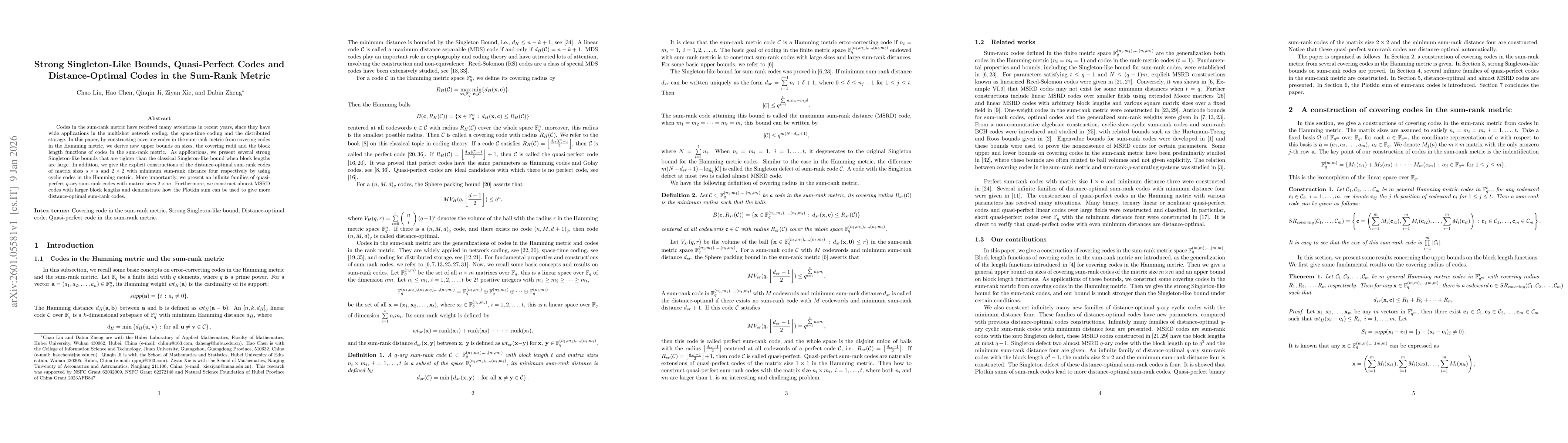 Thumbnail for Strong Singleton-Like Bounds, Quasi-Perfect Codes and Distance-Optimal Codes in the Sum-Rank Metric