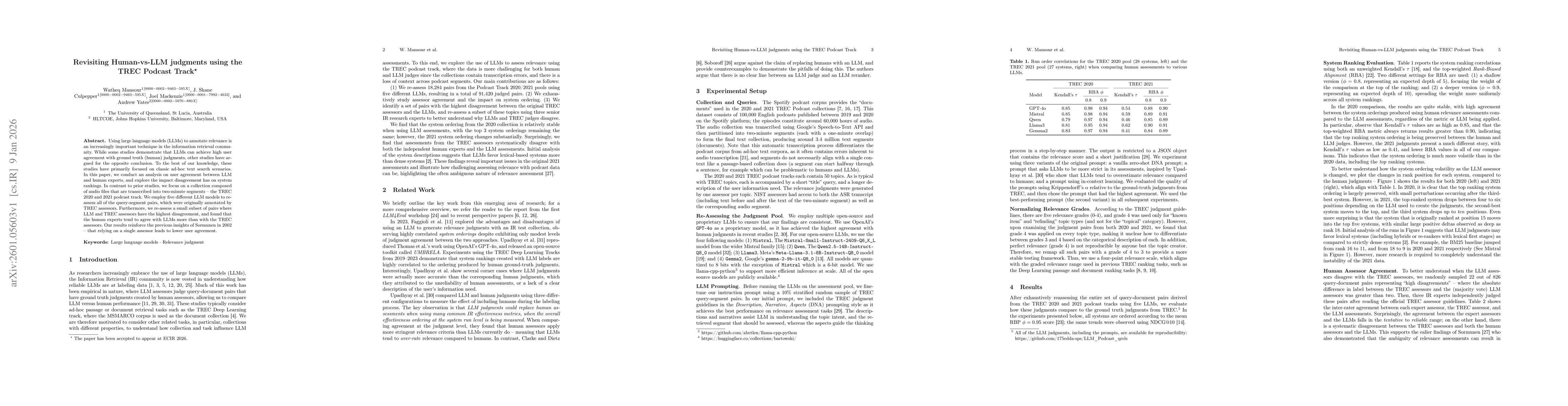 Thumbnail for Revisiting Human-vs-LLM judgments using the TREC Podcast Track