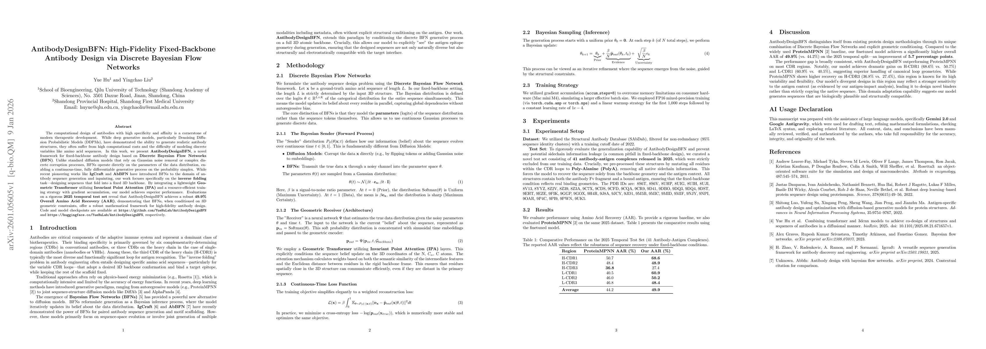 Thumbnail for AntibodyDesignBFN: High-Fidelity Fixed-Backbone Antibody Design via Discrete Bayesian Flow Networks