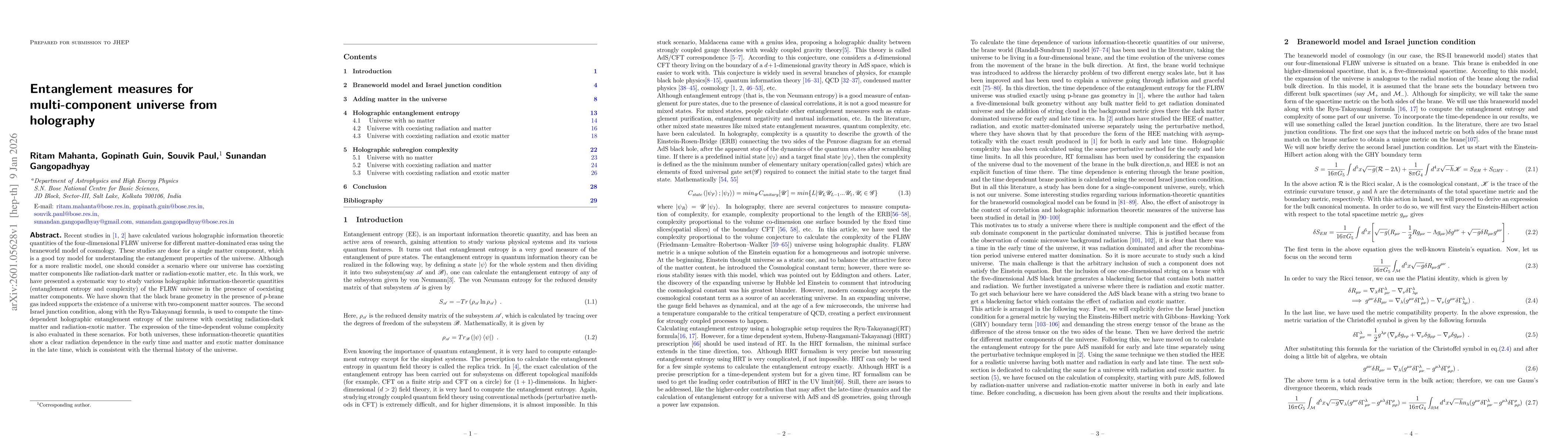 Thumbnail for Entanglement measures for multi-component universe from holography