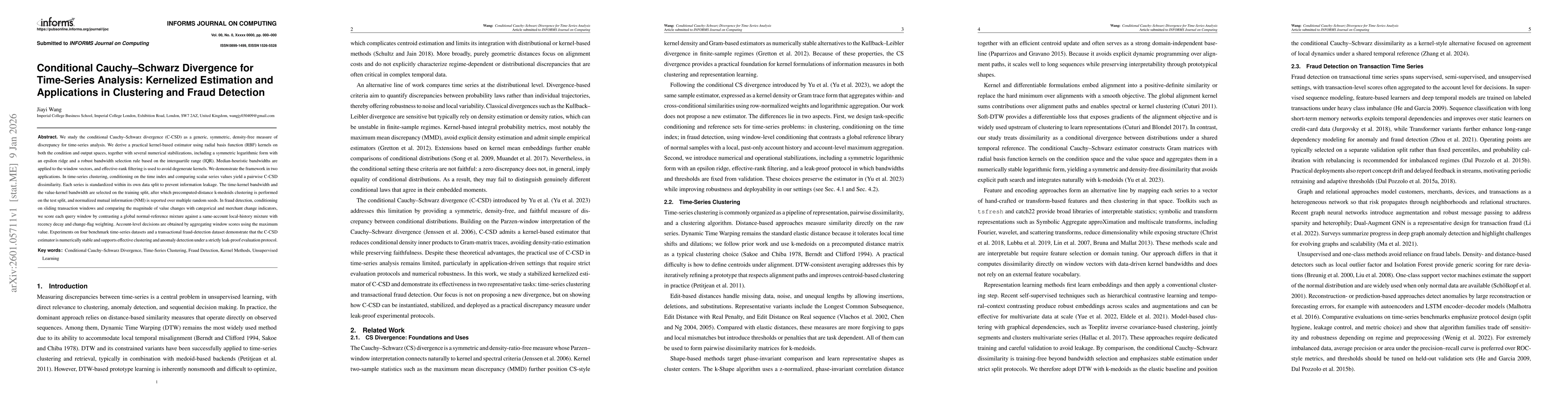 Thumbnail for Conditional Cauchy-Schwarz Divergence for Time Series Analysis: Kernelized Estimation and Applications in Clustering and Fraud Detection