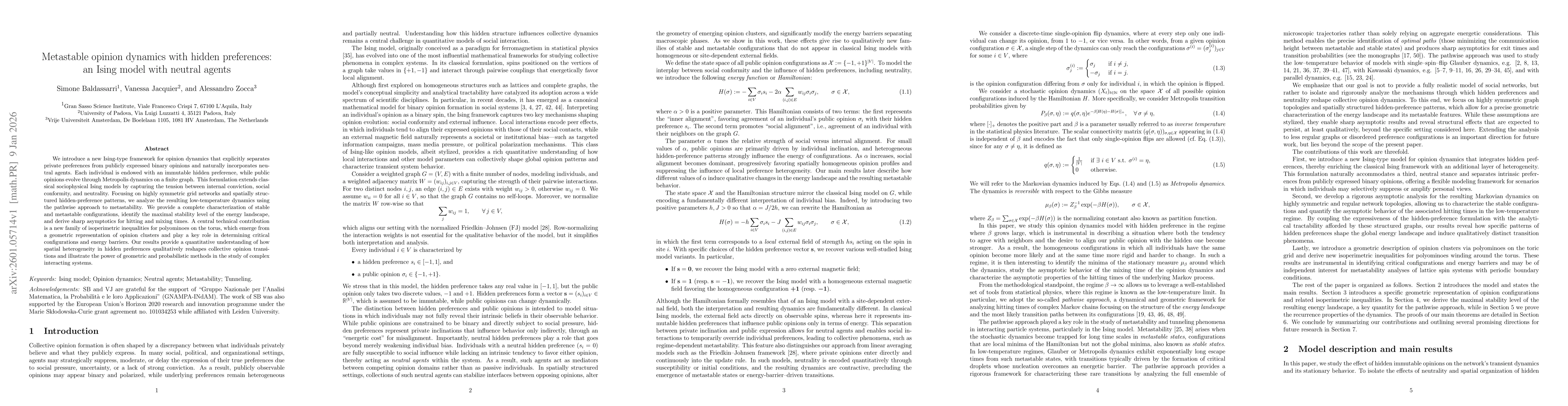 Thumbnail for Metastable opinion dynamics with hidden preferences: an Ising model with neutral agents