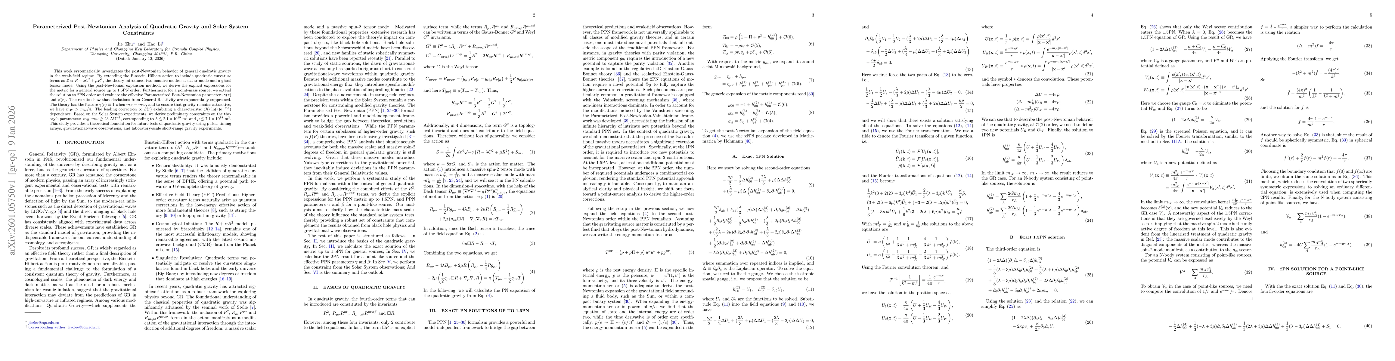 Thumbnail for Parameterized Post-Newtonian Analysis of Quadratic Gravity and Solar System Constraints