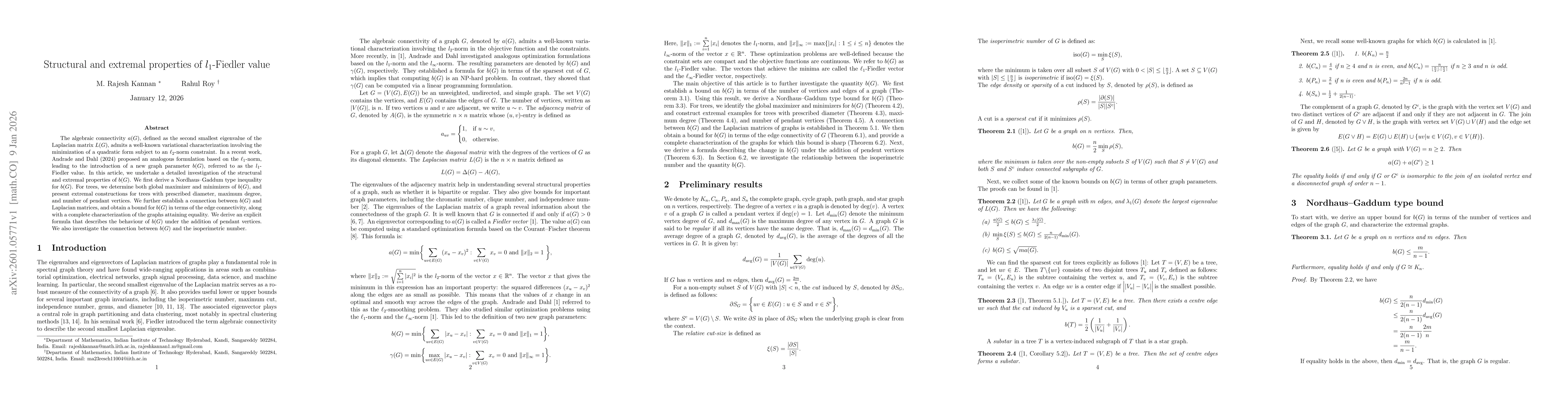Thumbnail for Structural and extremal properties of $l_1$-Fiedler value