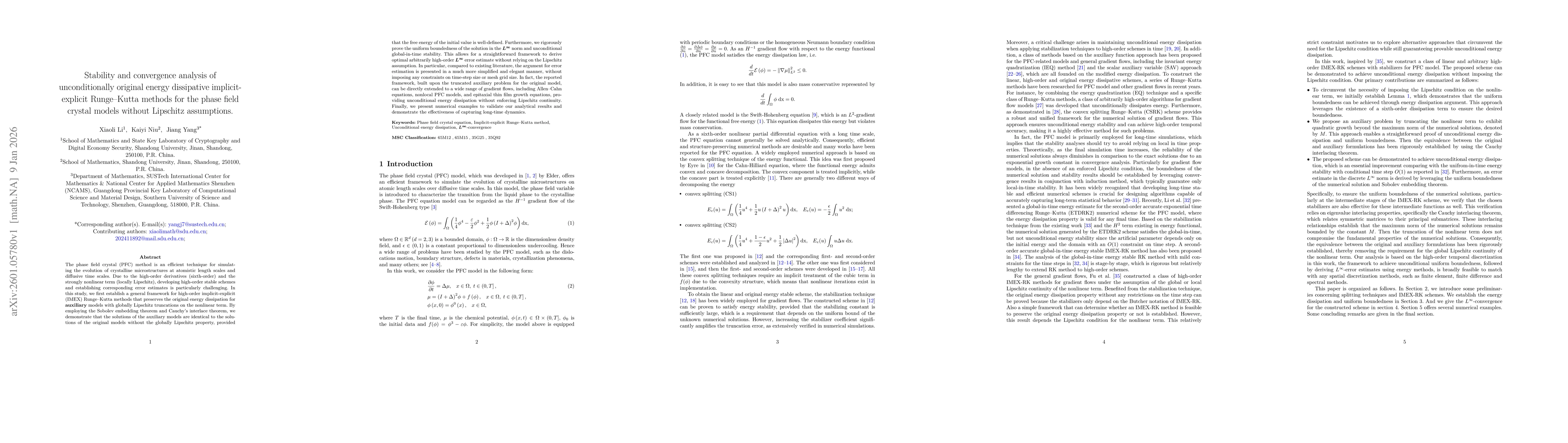 Thumbnail for Stability and convergence analysis of unconditionally original energy dissipative implicit-explicit Runge--Kutta methods for the phase field crystal models without Lipschitz assumptions