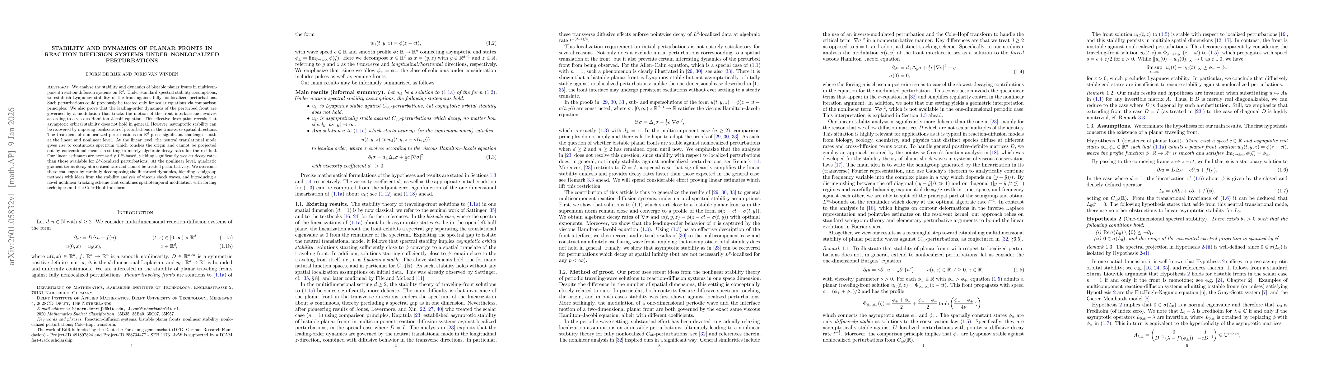 Thumbnail for Stability and dynamics of planar fronts in reaction-diffusion systems under nonlocalized perturbations