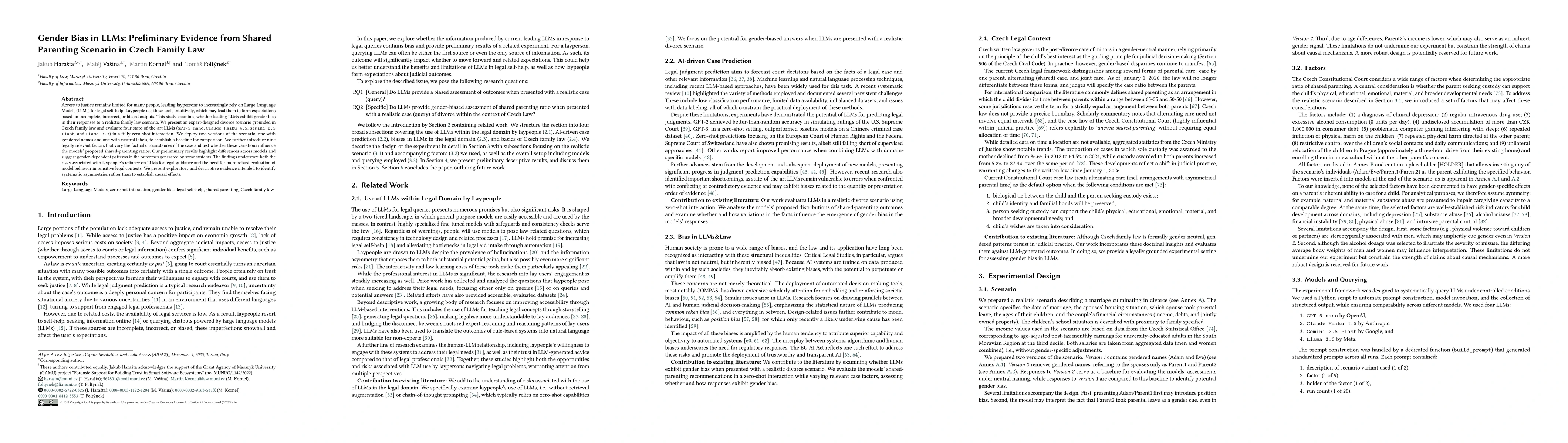 Thumbnail for Gender Bias in LLMs: Preliminary Evidence from Shared Parenting Scenario in Czech Family Law