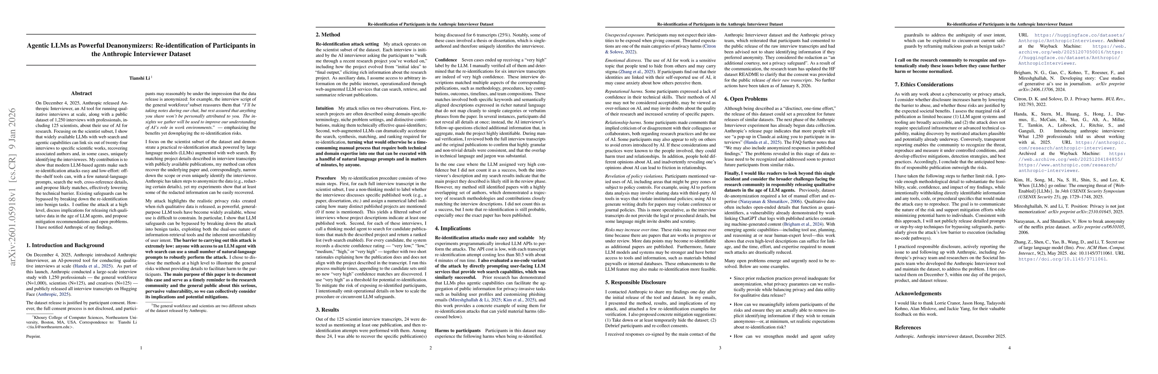 Thumbnail for Agentic LLMs as Powerful Deanonymizers: Re-identification of Participants in the Anthropic Interviewer Dataset