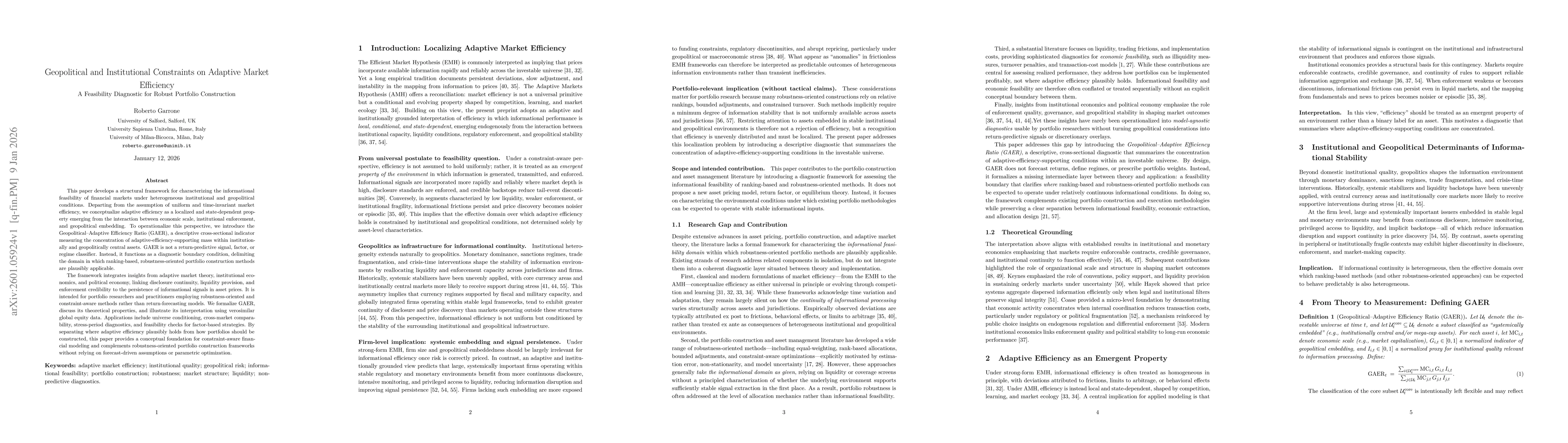Thumbnail for Geopolitical and Institutional Constraints on Adaptive Market Efficiency -- A Feasibility Diagnostic for Robust Portfolio Construction