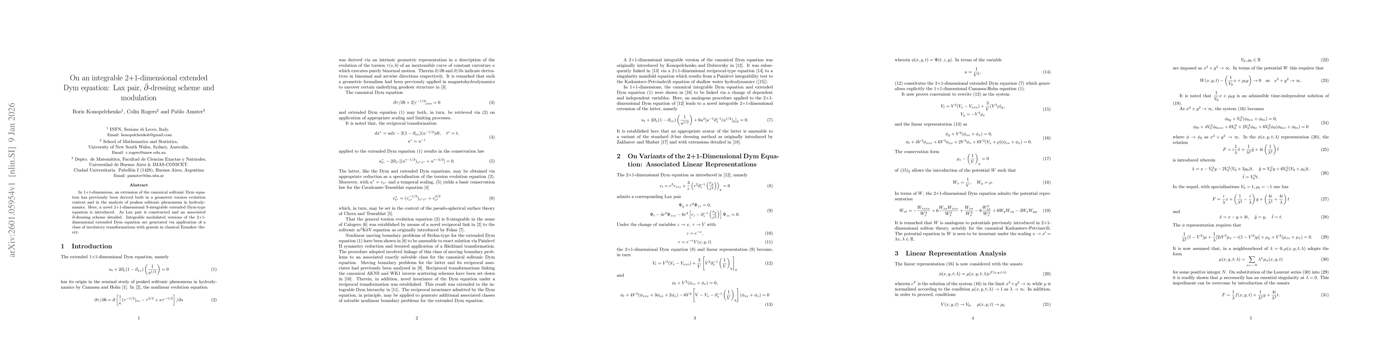 Thumbnail for On an integrable 2+1-dimensional extended Dym equation: Lax pair, $\bar{\partial}$-dressing scheme and modulation