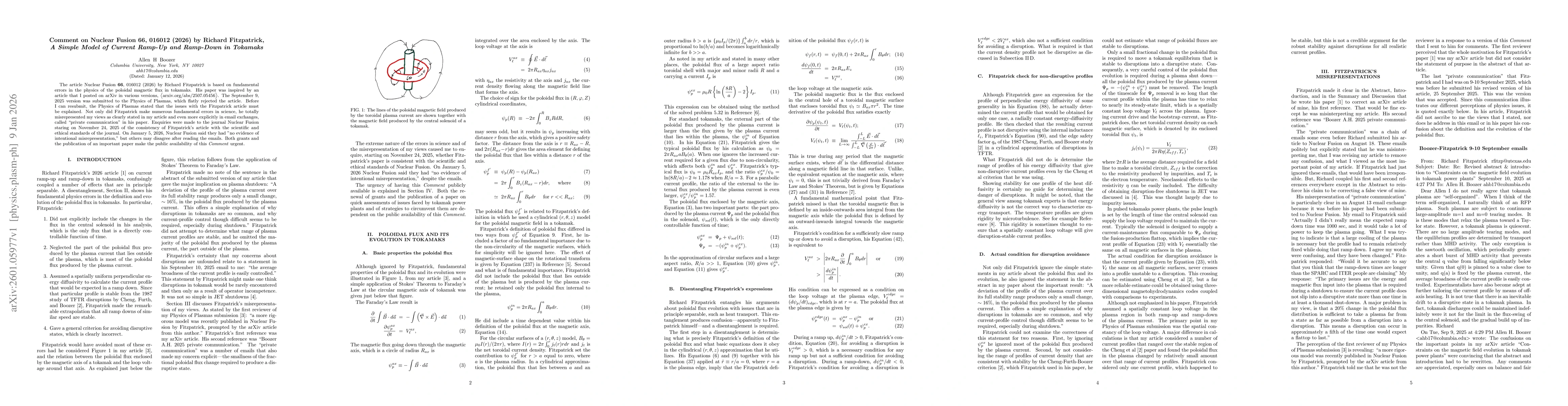 Thumbnail for Comment on Nuclear Fusion 66, 016012 (2026) and arXiv:2508.03561 by Richard Fitzpatrick, A Simple Model of Current Ramp-Up and Ramp-Down in Tokamaks
