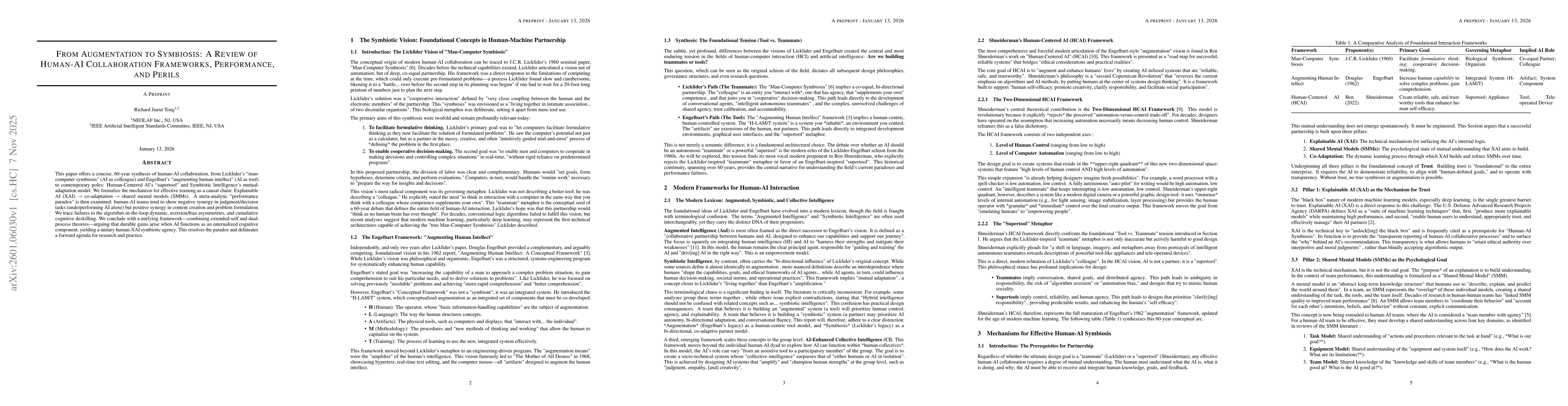 Thumbnail for From Augmentation to Symbiosis: A Review of Human-AI Collaboration Frameworks, Performance, and Perils