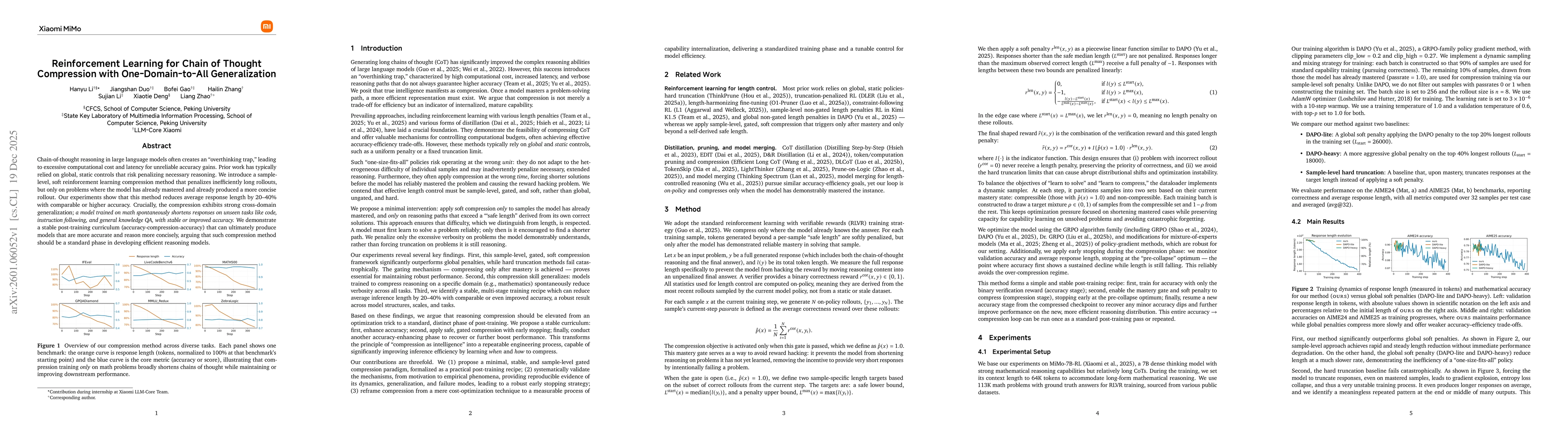Thumbnail for Reinforcement Learning for Chain of Thought Compression with One-Domain-to-All Generalization
