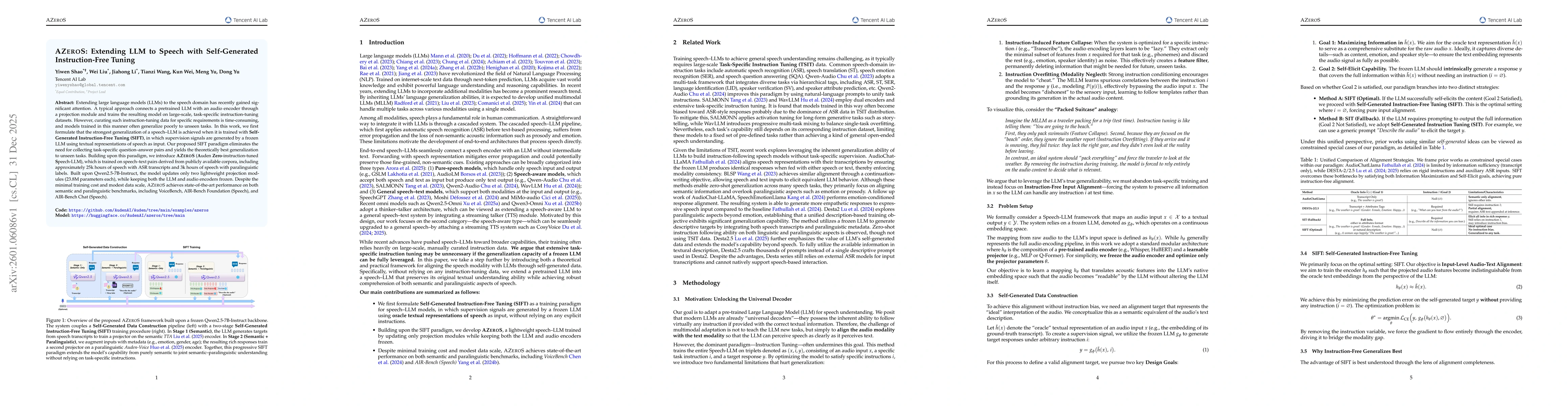 Thumbnail for AzeroS: Extending LLM to Speech with Self-Generated Instruction-Free Tuning