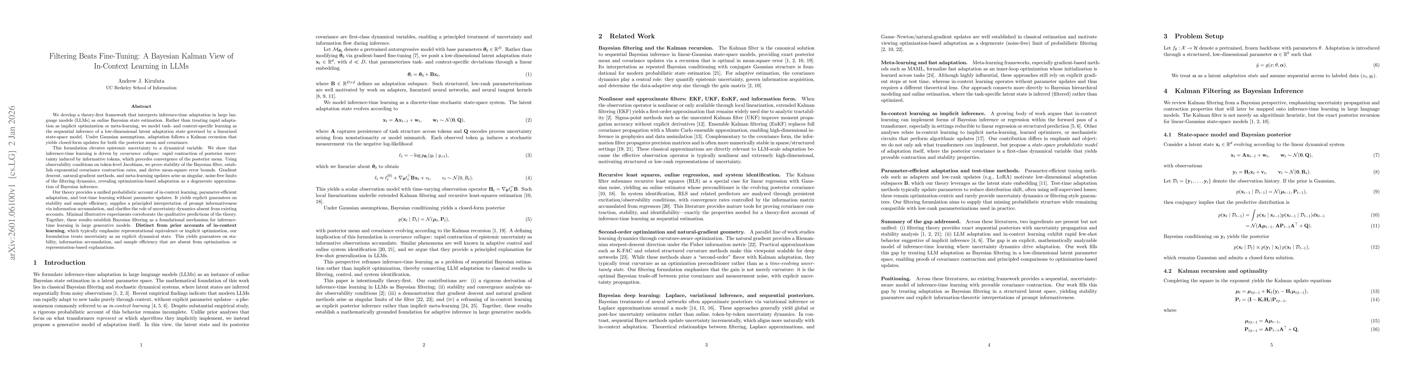 Thumbnail for Filtering Beats Fine Tuning: A Bayesian Kalman View of In Context Learning in LLMs