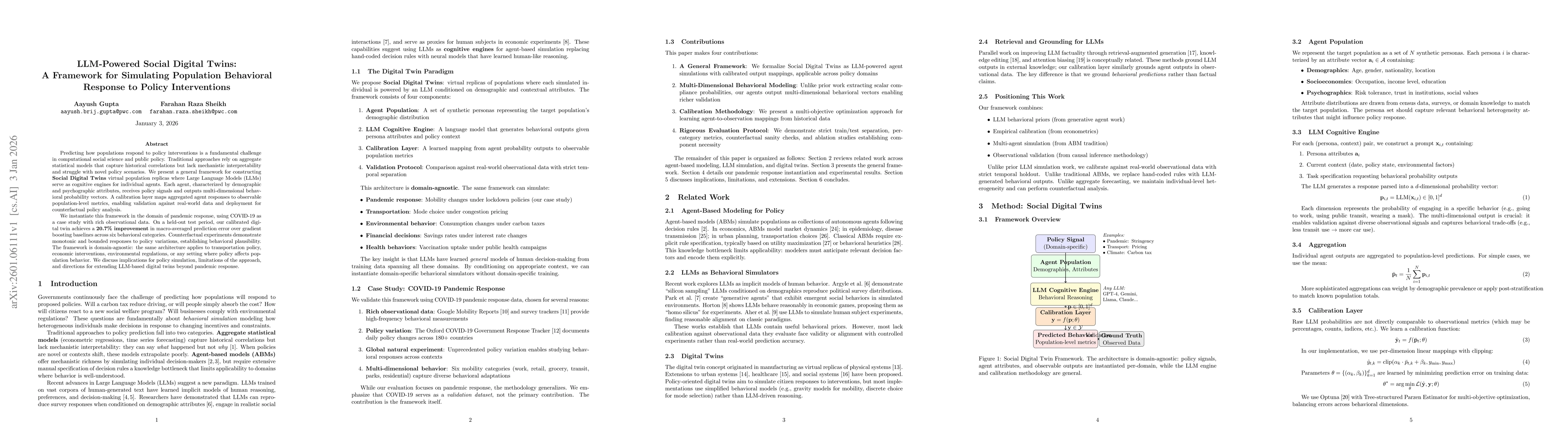 Thumbnail for LLM-Powered Social Digital Twins: A Framework for Simulating Population Behavioral Response to Policy Interventions