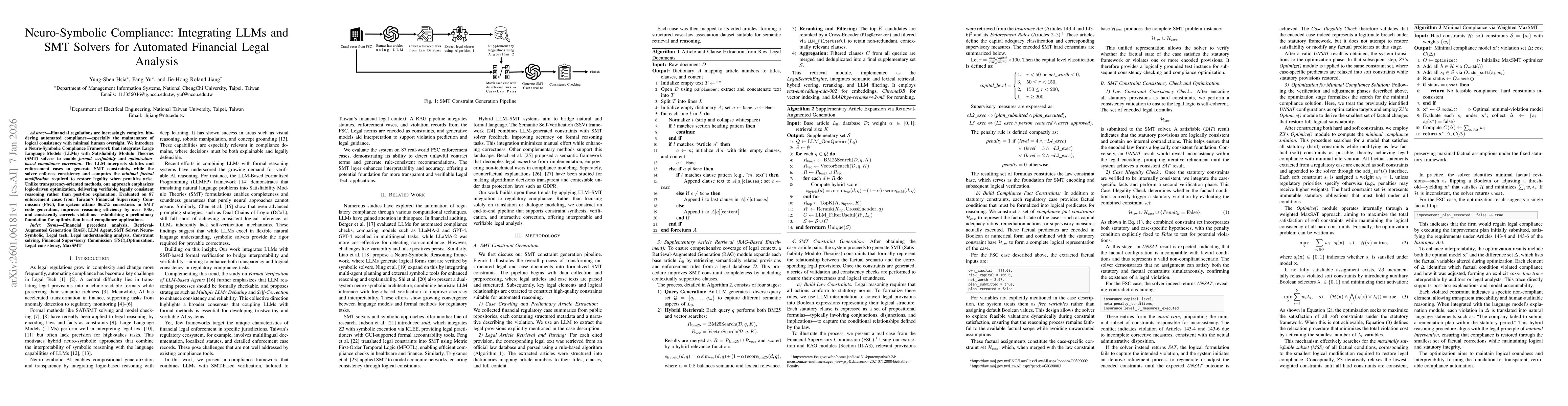 Thumbnail for Neuro-Symbolic Compliance: Integrating LLMs and SMT Solvers for Automated Financial Legal Analysis