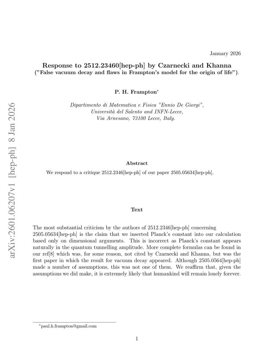 Thumbnail for Response to 2512.23460[hep-ph] by Czarnecki and Khanna ("False vacuum decay and flaws in Frampton's model for the origin of life")