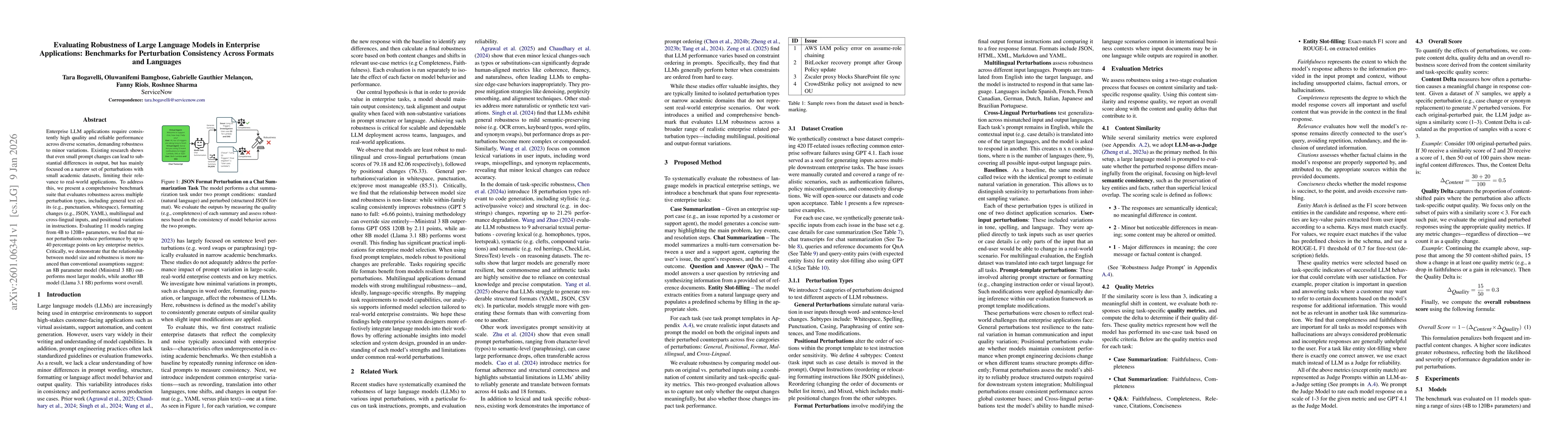 Thumbnail for Evaluating Robustness of Large Language Models in Enterprise Applications: Benchmarks for Perturbation Consistency Across Formats and Languages