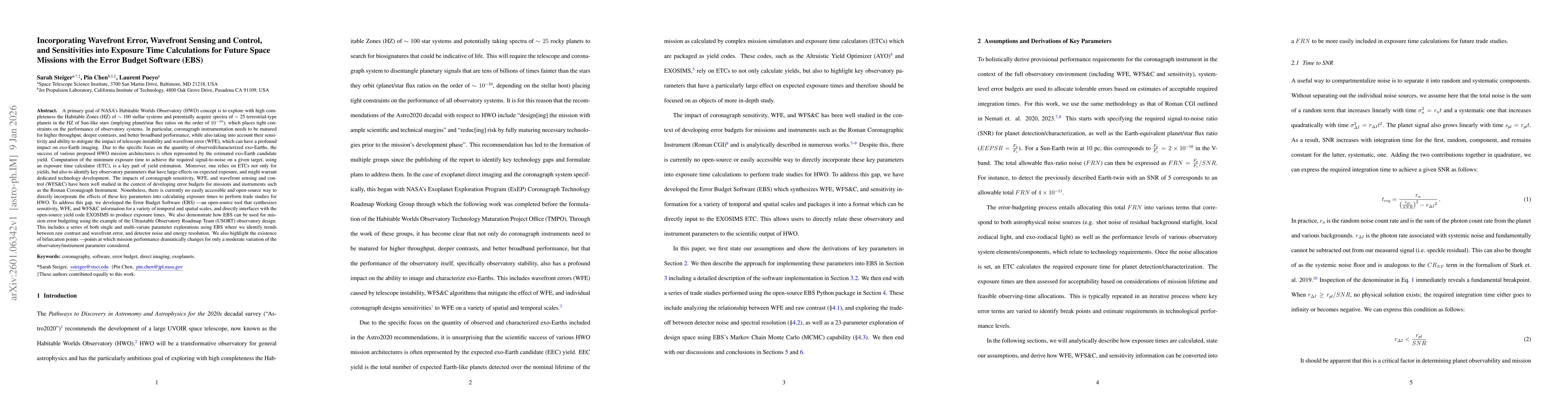 Thumbnail for Incorporating Wavefront Error, Wavefront Sensing and Control, and Sensitivities into Exposure Time Calculations for Future Space Missions with the Error Budget Software (EBS)