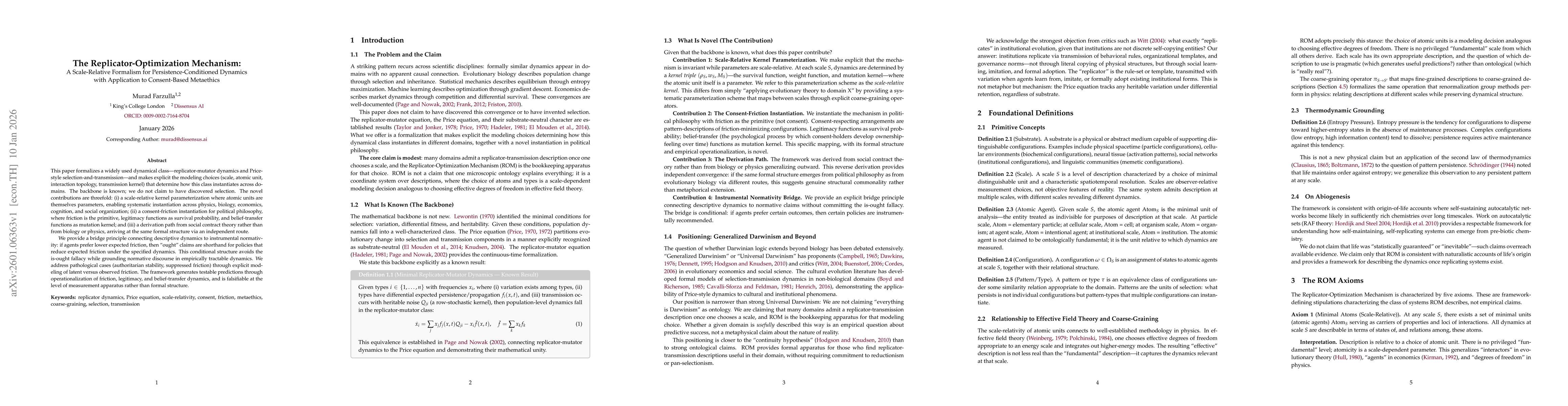 Thumbnail for The Replicator-Optimization Mechanism: A Scale-Relative Formalism for Persistence-Conditioned Dynamics with Application to Consent-Based Metaethics