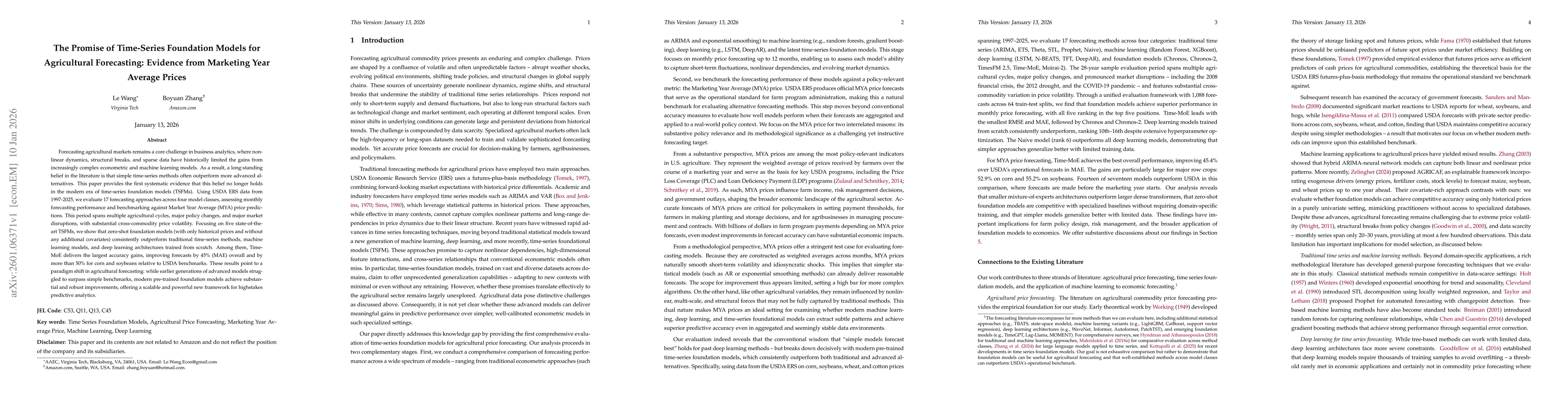 Thumbnail for The Promise of Time-Series Foundation Models for Agricultural Forecasting: Evidence from Marketing Year Average Prices