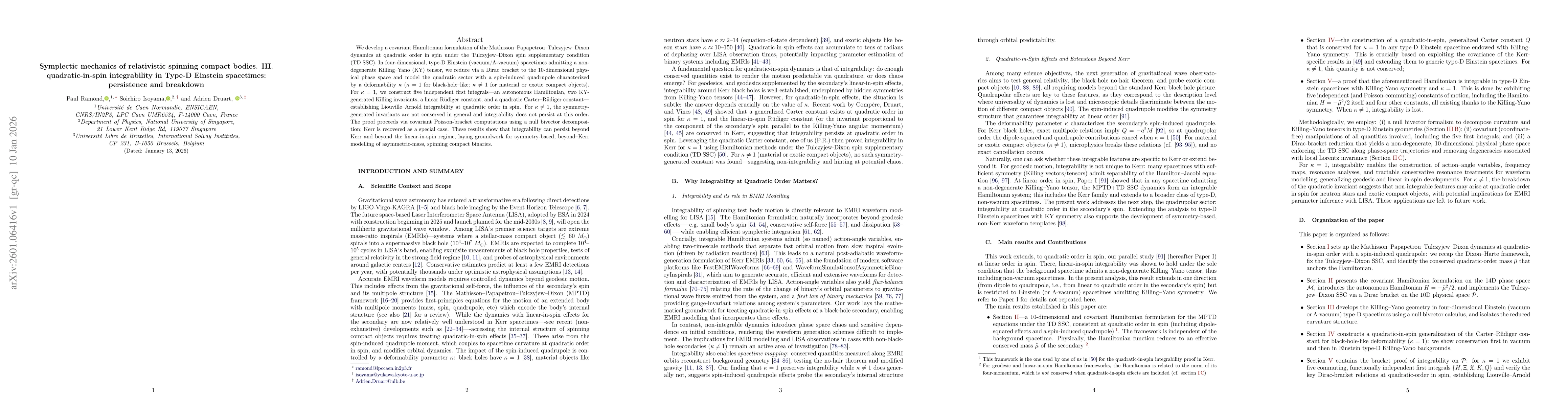 Thumbnail for Symplectic mechanics of relativistic spinning compact bodies. III. quadratic-in-spin integrability in Type-D Einstein spacetimes: persistence and breakdown