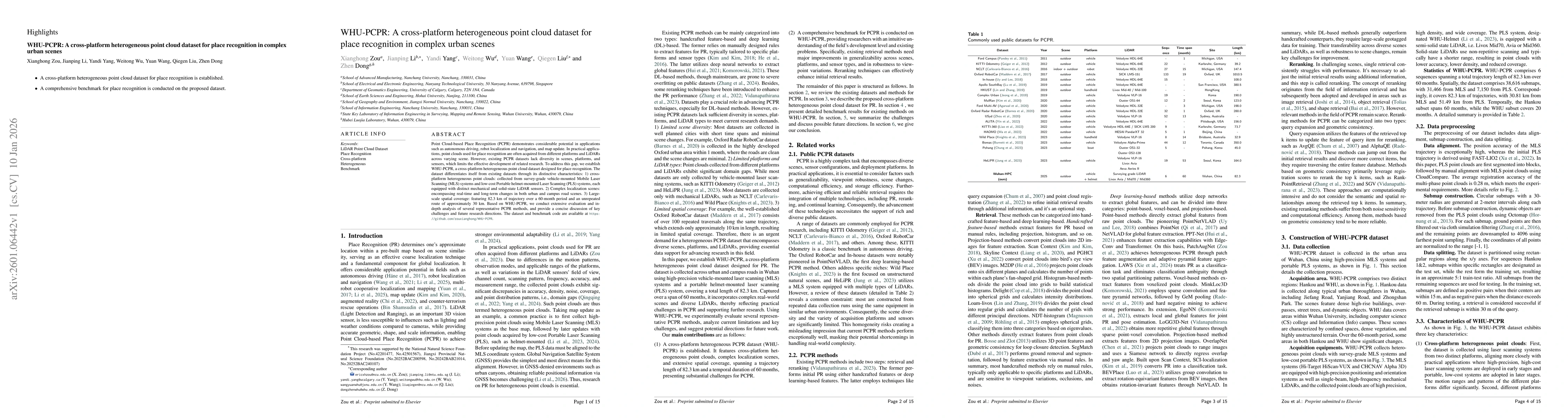 Thumbnail for WHU-PCPR: A cross-platform heterogeneous point cloud dataset for place recognition in complex urban scenes