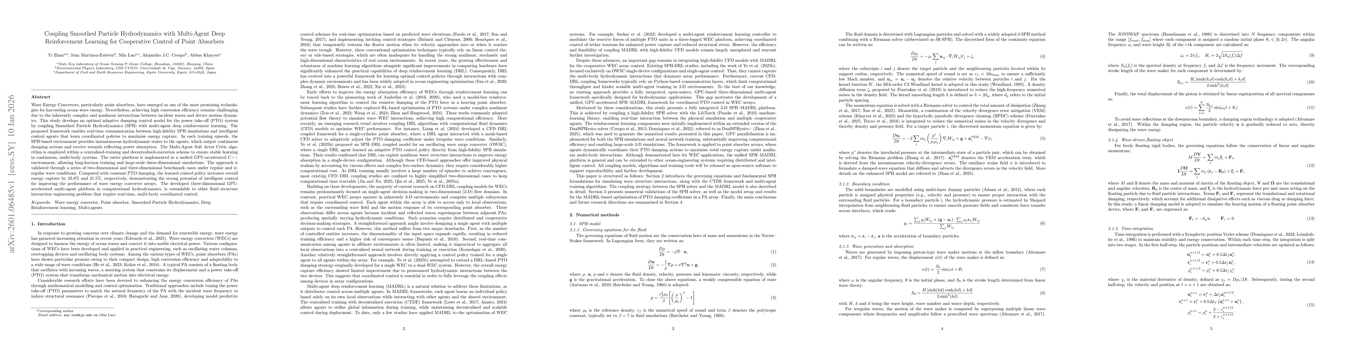 Thumbnail for Coupling Smoothed Particle Hydrodynamics with Multi-Agent Deep Reinforcement Learning for Cooperative Control of Point Absorbers