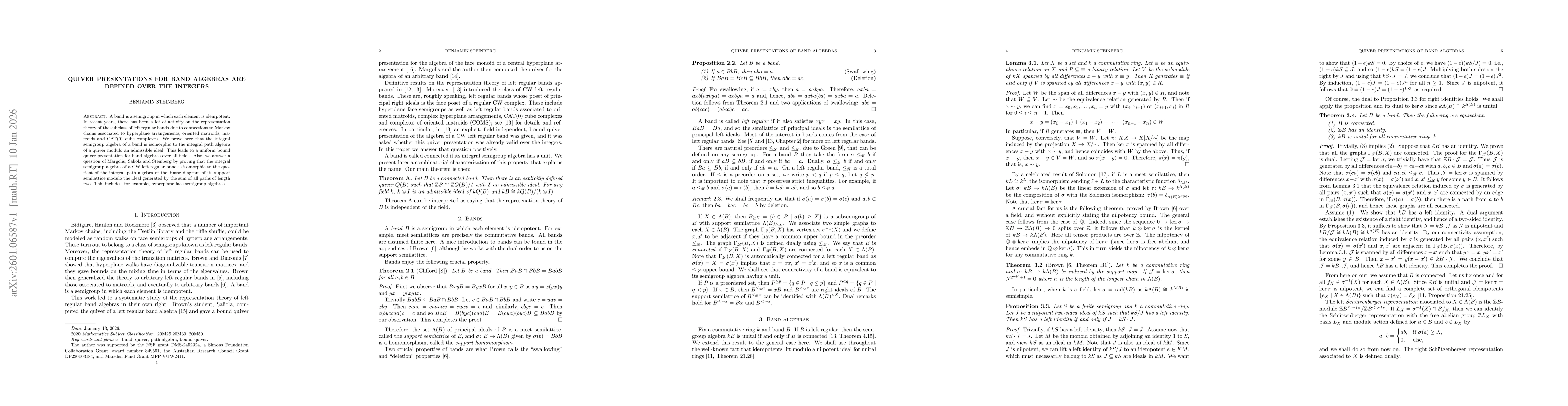 Thumbnail for Quiver presentations for band algebras are defined over the integers