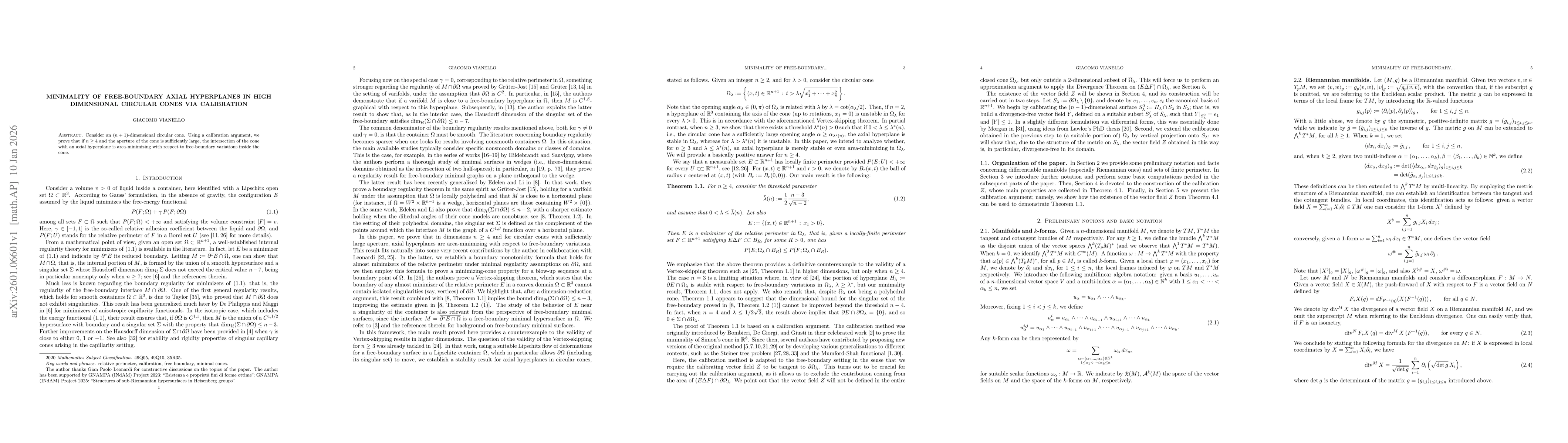 Thumbnail for Minimality of free-boundary axial hyperplanes in high dimensional circular cones via calibration