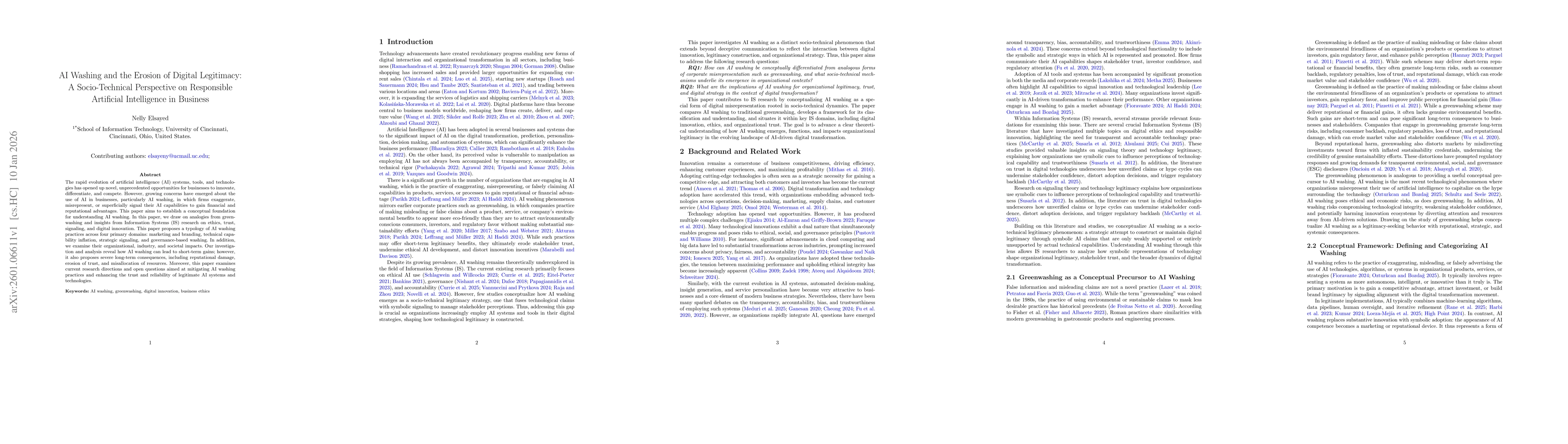 Thumbnail for AI Washing and the Erosion of Digital Legitimacy: A Socio-Technical Perspective on Responsible Artificial Intelligence in Business