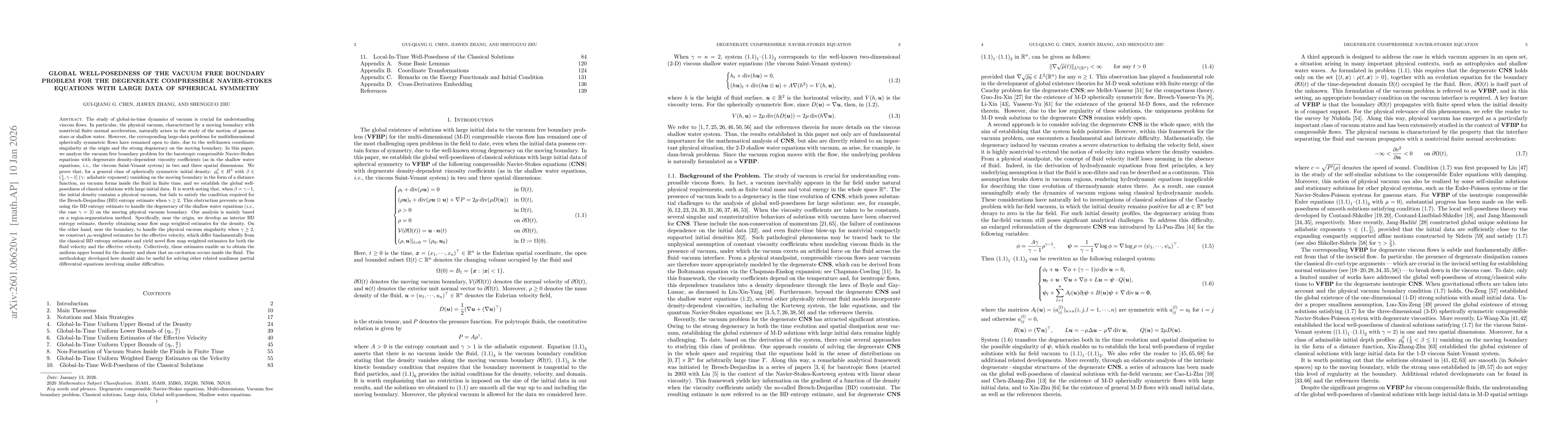 Thumbnail for Global Well-Posedness of the Vacuum Free Boundary Problem for the Degenerate Compressible Navier-Stokes Equations With Large Data of Spherical Symmetry