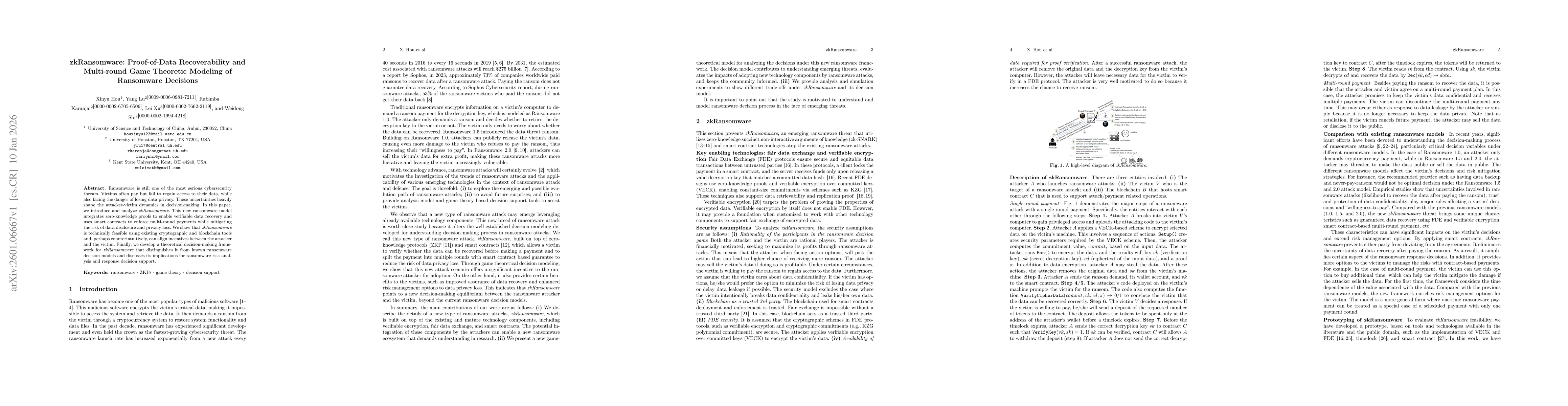 Thumbnail for zkRansomware: Proof-of-Data Recoverability and Multi-round Game Theoretic Modeling of Ransomware Decisions