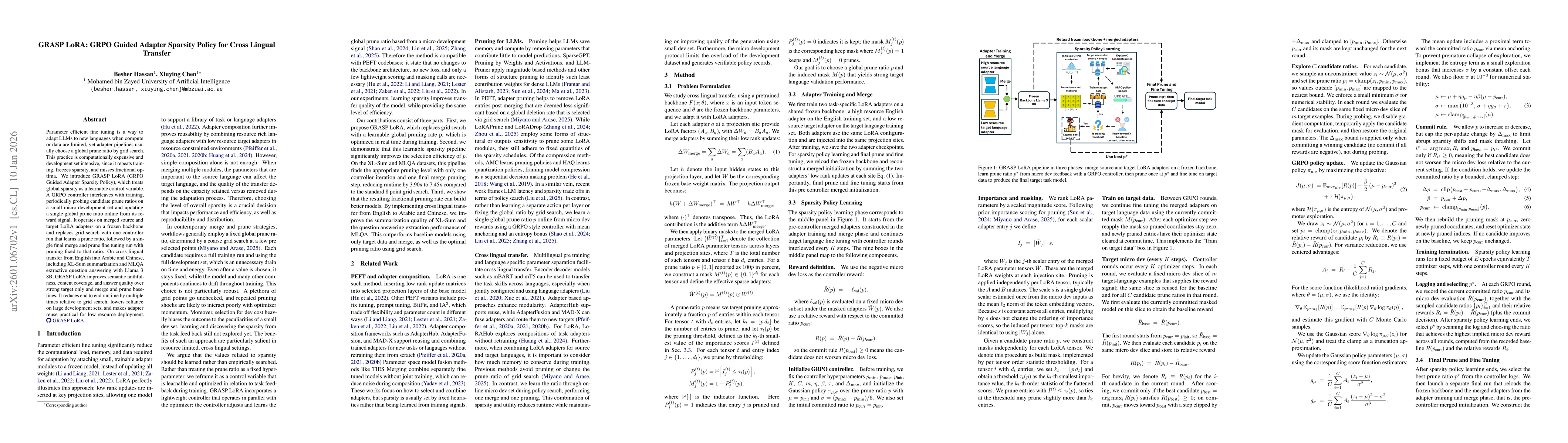 Thumbnail for GRASP LoRA: GRPO Guided Adapter Sparsity Policy for Cross Lingual Transfer