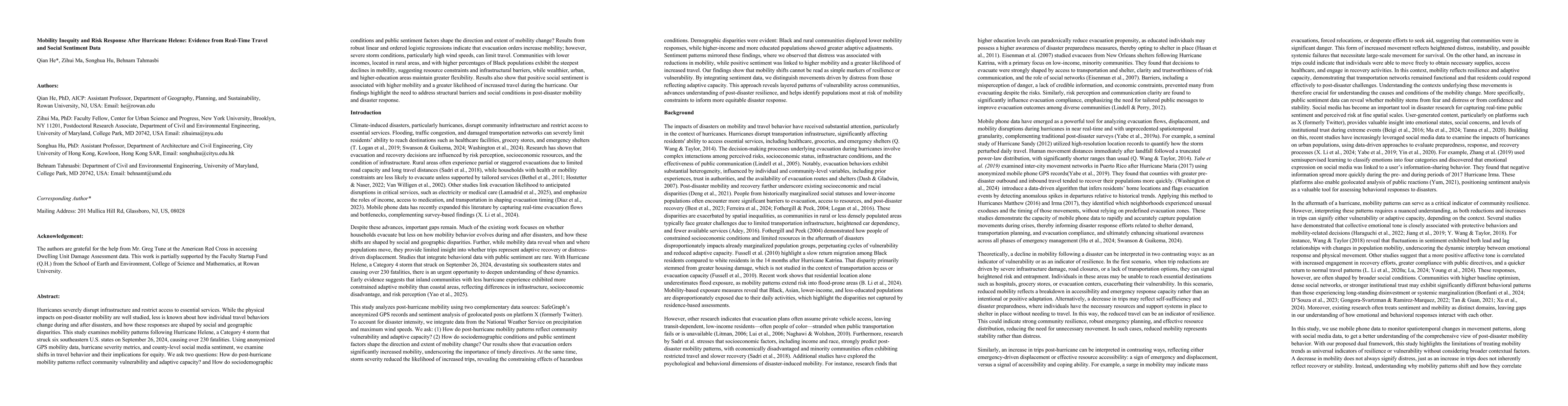 Thumbnail for Mobility Inequity and Risk Response After Hurricane Helene: Evidence from Real-Time Travel and Social Sentiment Data