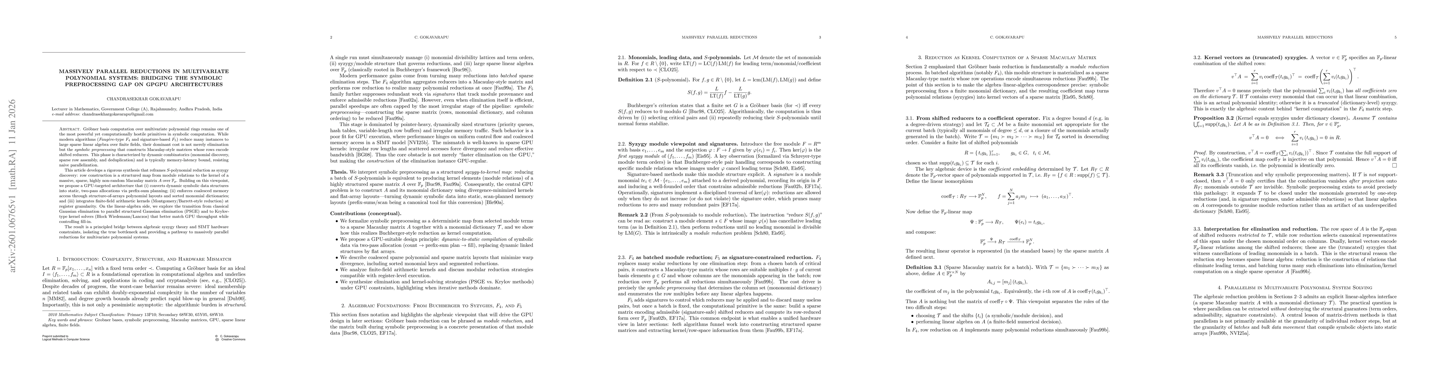 Thumbnail for Massively Parallel Reductions in Multivariate Polynomial Systems: Bridging the Symbolic Preprocessing Gap on GPGPU Architectures