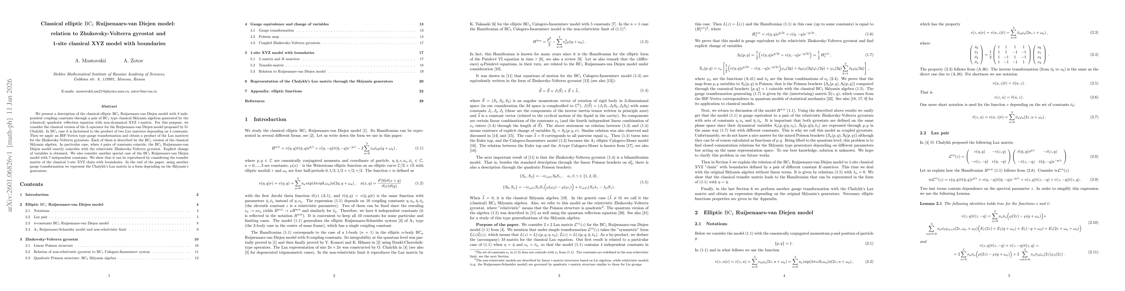 Thumbnail for Classical elliptic ${\rm BC}_1$ Ruijsenaars-van Diejen model: relation to Zhukovsky-Volterra gyrostat and 1-site classical XYZ model with boundaries