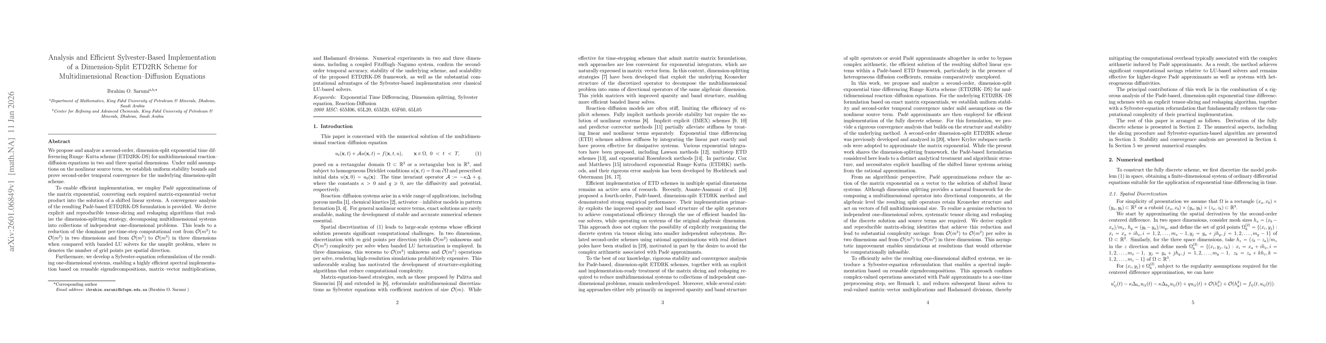 Thumbnail for Analysis and Efficient Sylvester-Based Implementation of a Dimension-Split ETD2RK Scheme for Multidimensional Reaction-Diffusion Equations