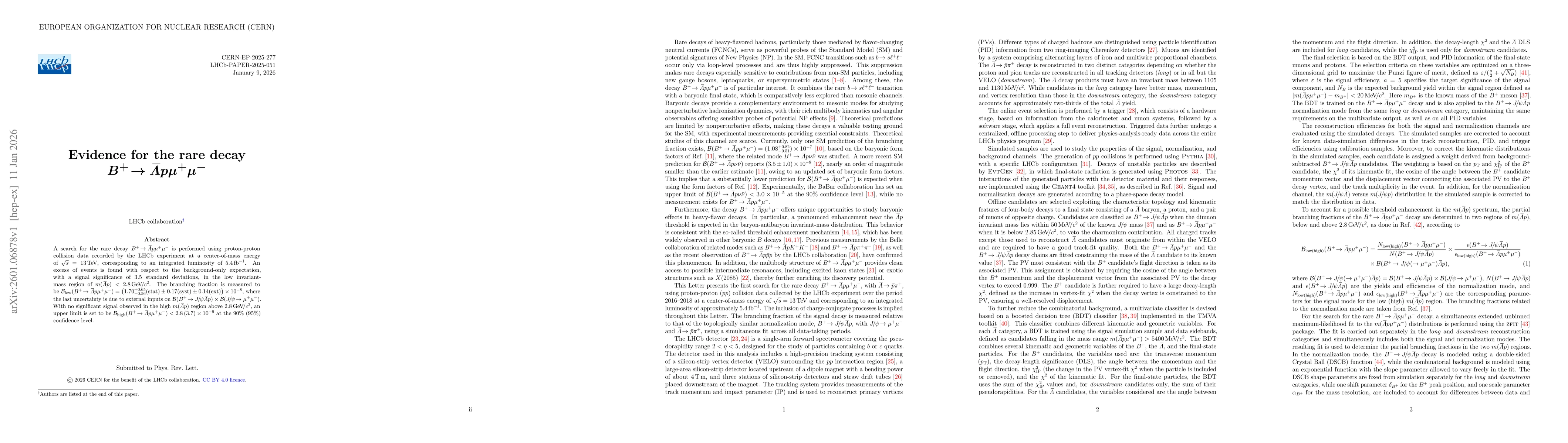 Thumbnail for Evidence for the rare decay $B^{+} \to \bar Λp μ^{+} μ^{-}$