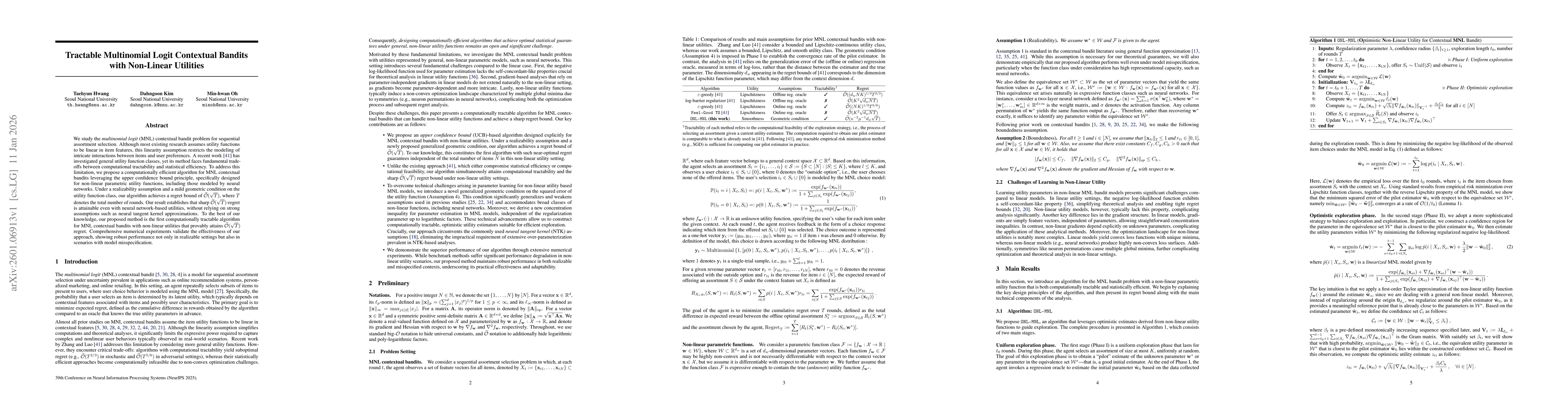 Thumbnail for Tractable Multinomial Logit Contextual Bandits with Non-Linear Utilities