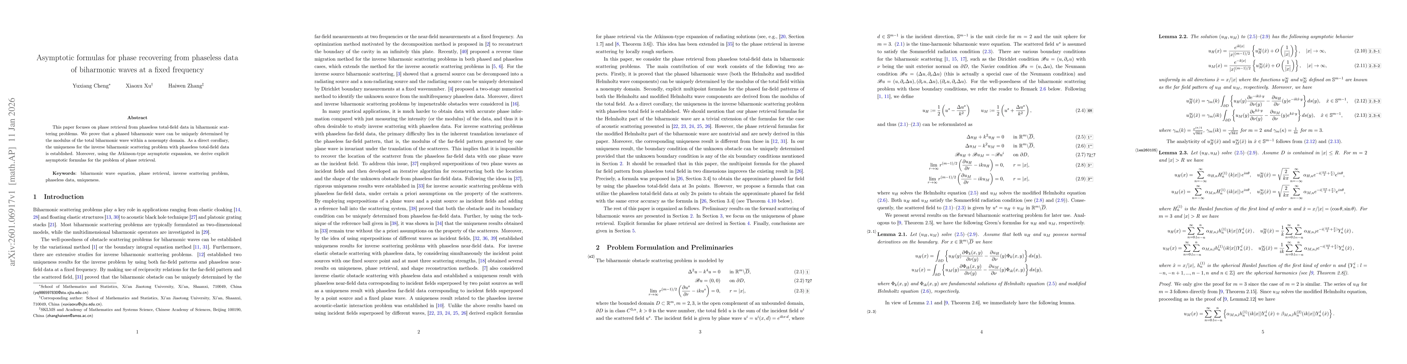 Thumbnail for Asymptotic formulas for phase recovering from phaseless data of biharmonic waves at a fixed frequency