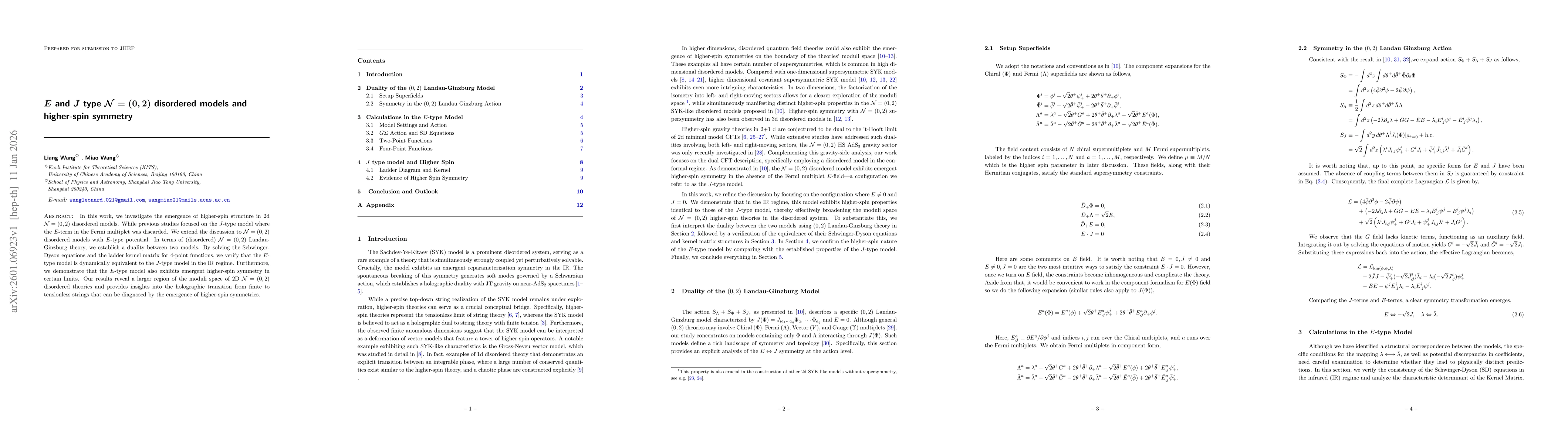Thumbnail for $E$ and $J$ type $\mathcal{N}=(0,2)$ disordered models and higher-spin symmetry