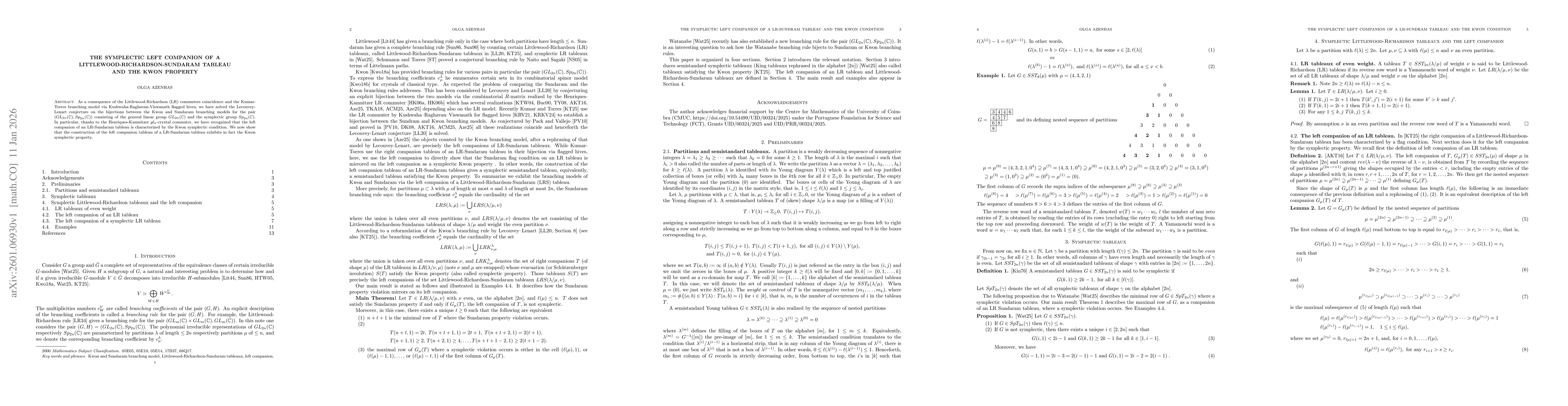 Thumbnail for The symplectic left companion of a Littlewood-Richardson-Sundaram tableau and the Kwon property