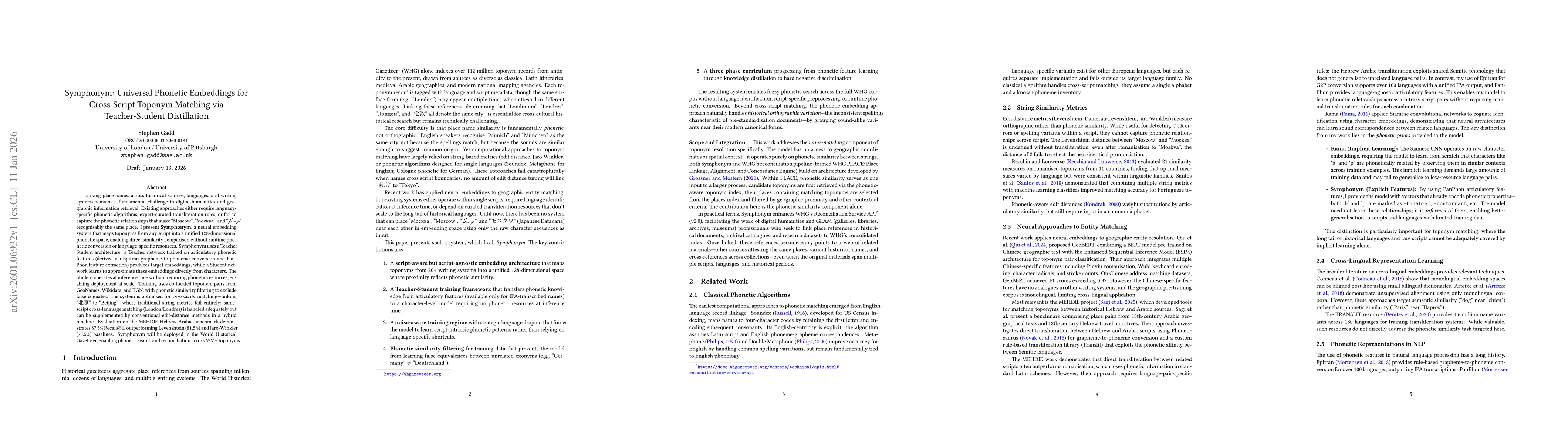 Thumbnail for Symphonym: Universal Phonetic Embeddings for Cross-Script Toponym Matching via Teacher-Student Distillation