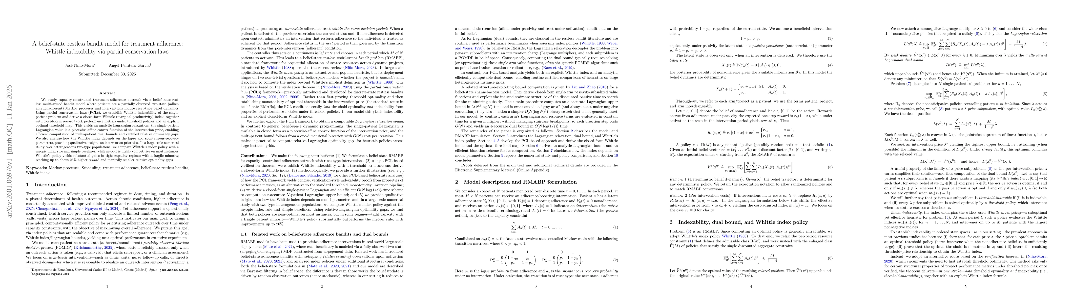 Thumbnail for A belief-state restless bandit model for treatment adherence: Whittle indexability via partial conservation laws