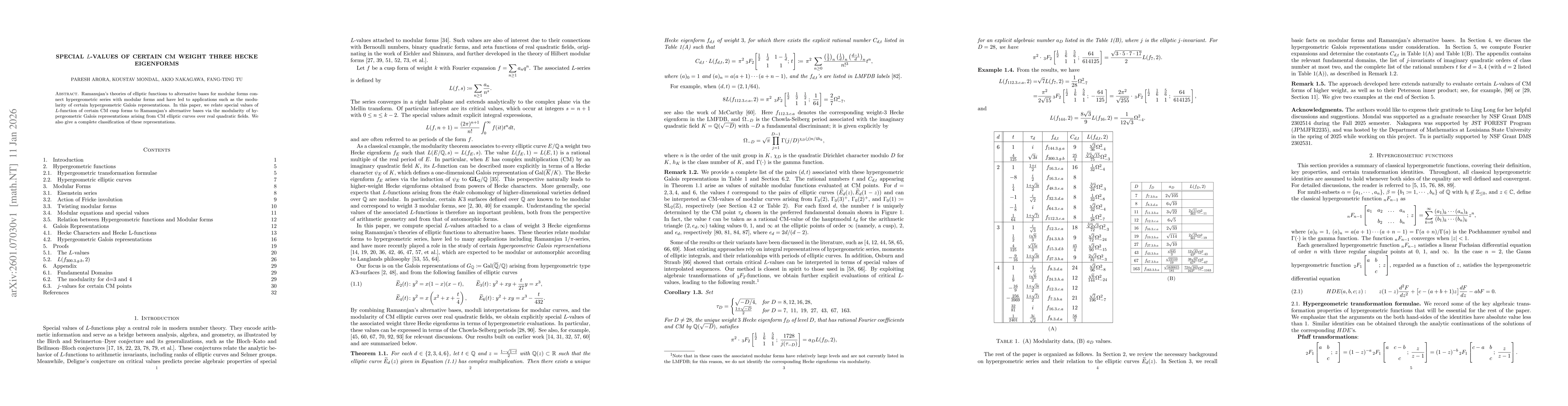 Thumbnail for Special $L$-values of certain CM weight three Hecke eigenforms