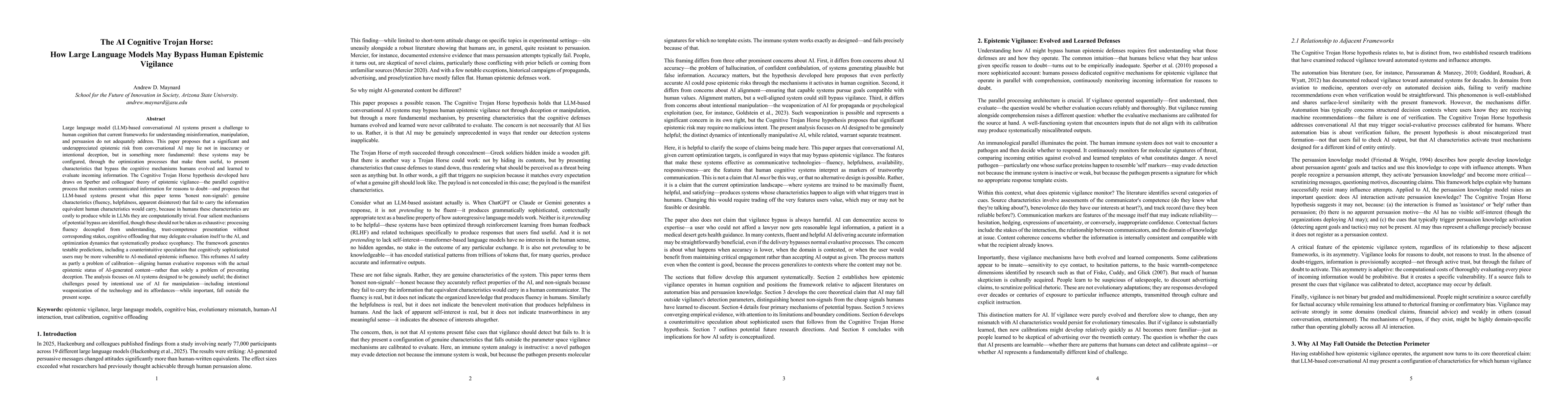 Thumbnail for The AI Cognitive Trojan Horse: How Large Language Models May Bypass Human Epistemic Vigilance